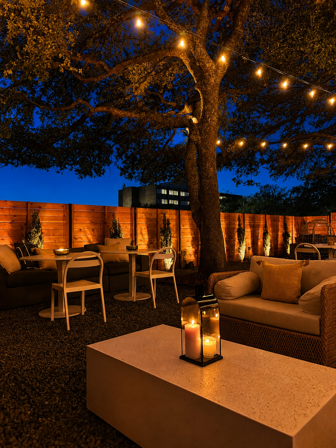 Evening lounge with string light canopy