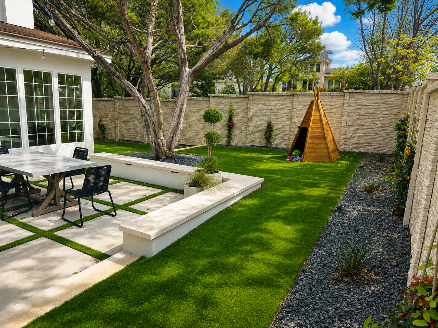 Modern white raised beds with artificial turf by Paul's Lawn & Landscape, Austin