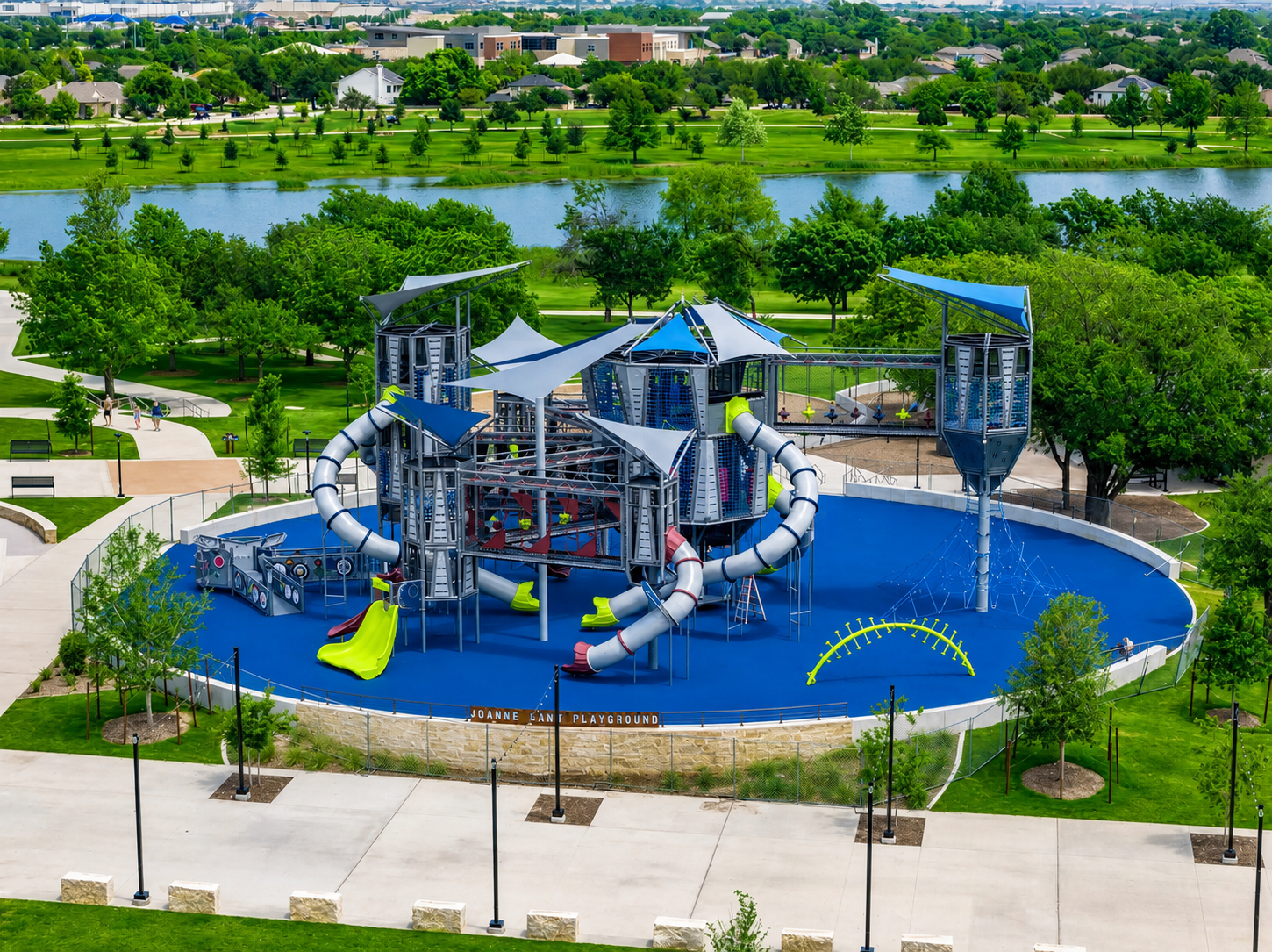 Aerial view of commercial playground installation by Paul's Lawn, Central Texas