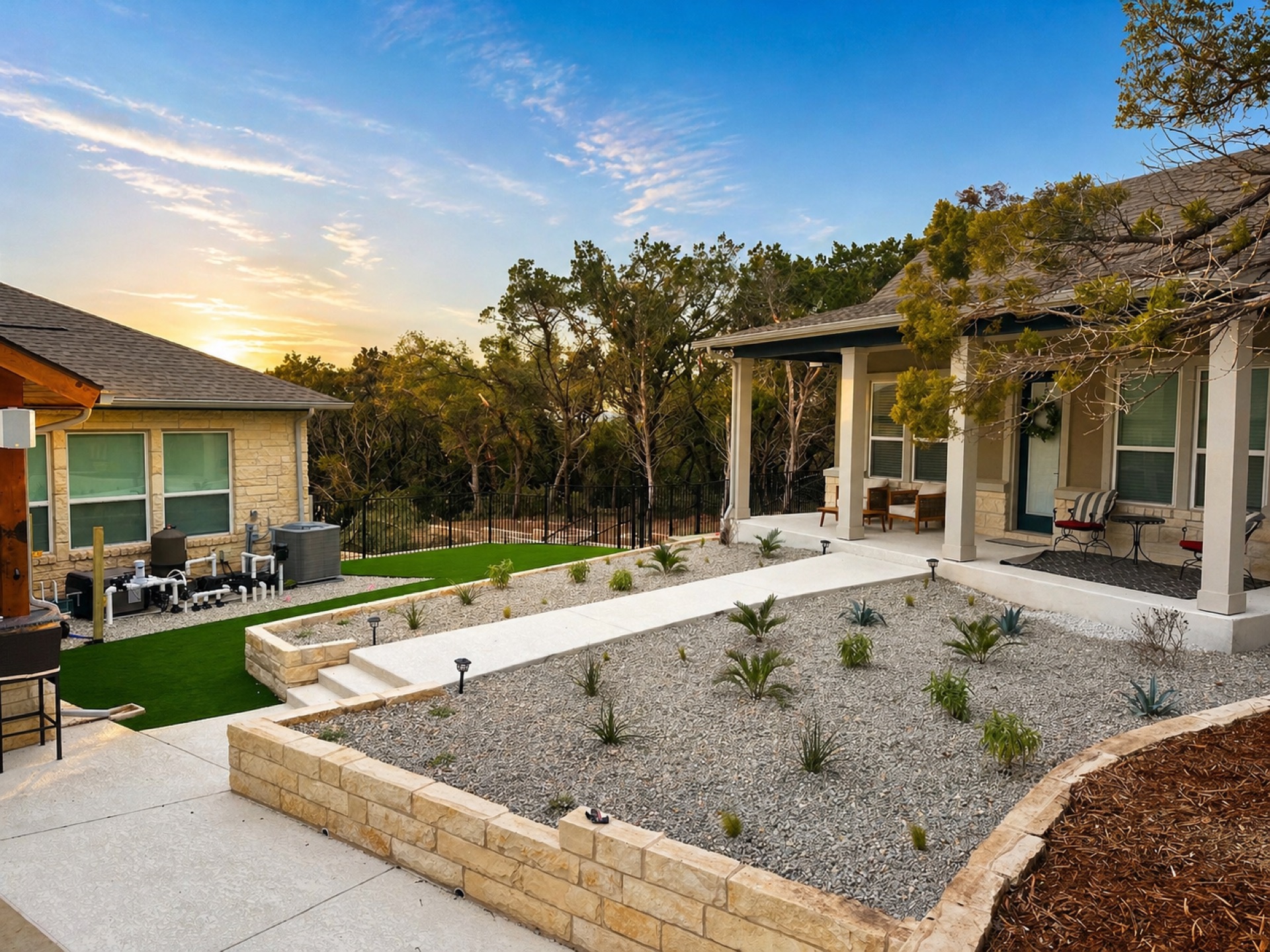 Paul's Lawn limestone hardscape and planting, Hill Country sunset install