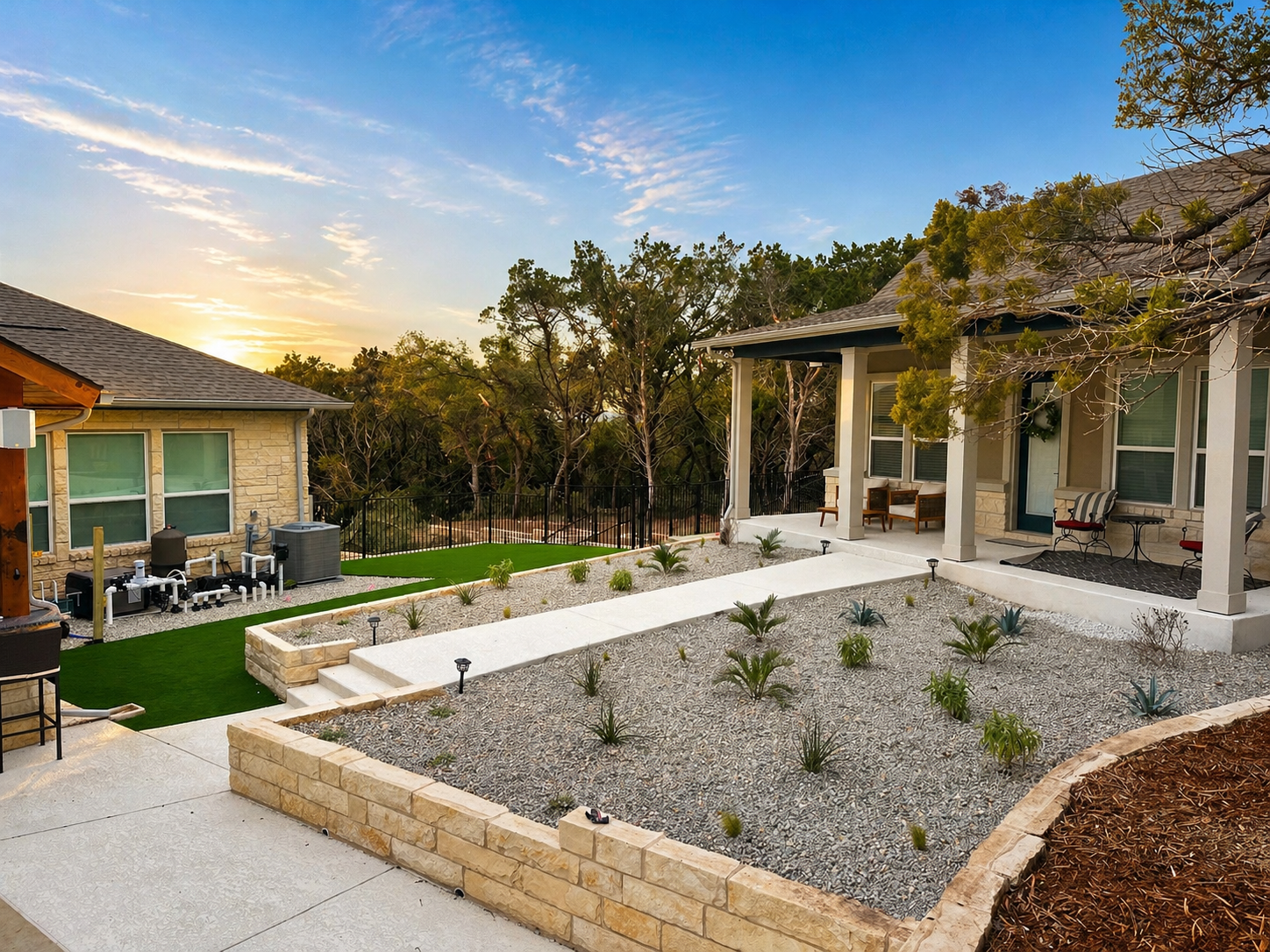 Paul's Lawn limestone hardscape and planting, Hill Country sunset install